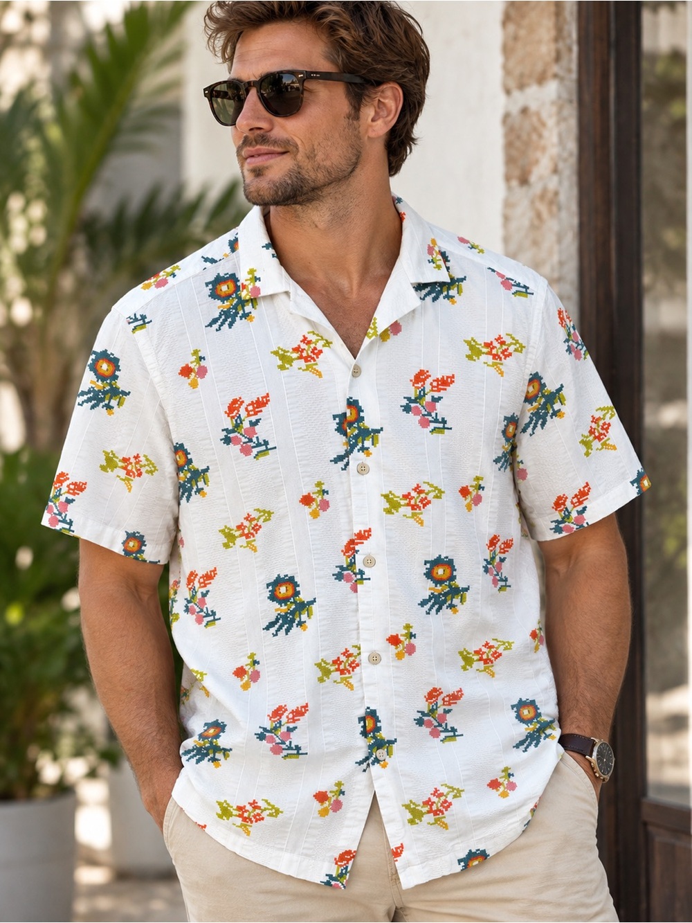 ZARA Men’s S White Floral Cross Stitch Print Short Sleeve Button Up Shirt